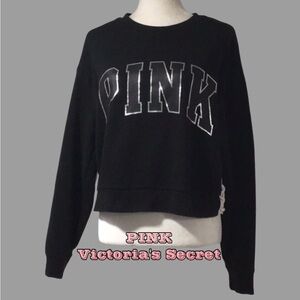 Victoria’s Secret PINK Pullover Cropped Black Sweatshirt, Laced Sides, Size M